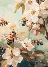 Oil painting of bees around white flowering apple branches-7