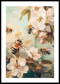 Oil painting of bees around white flowering apple branches-0