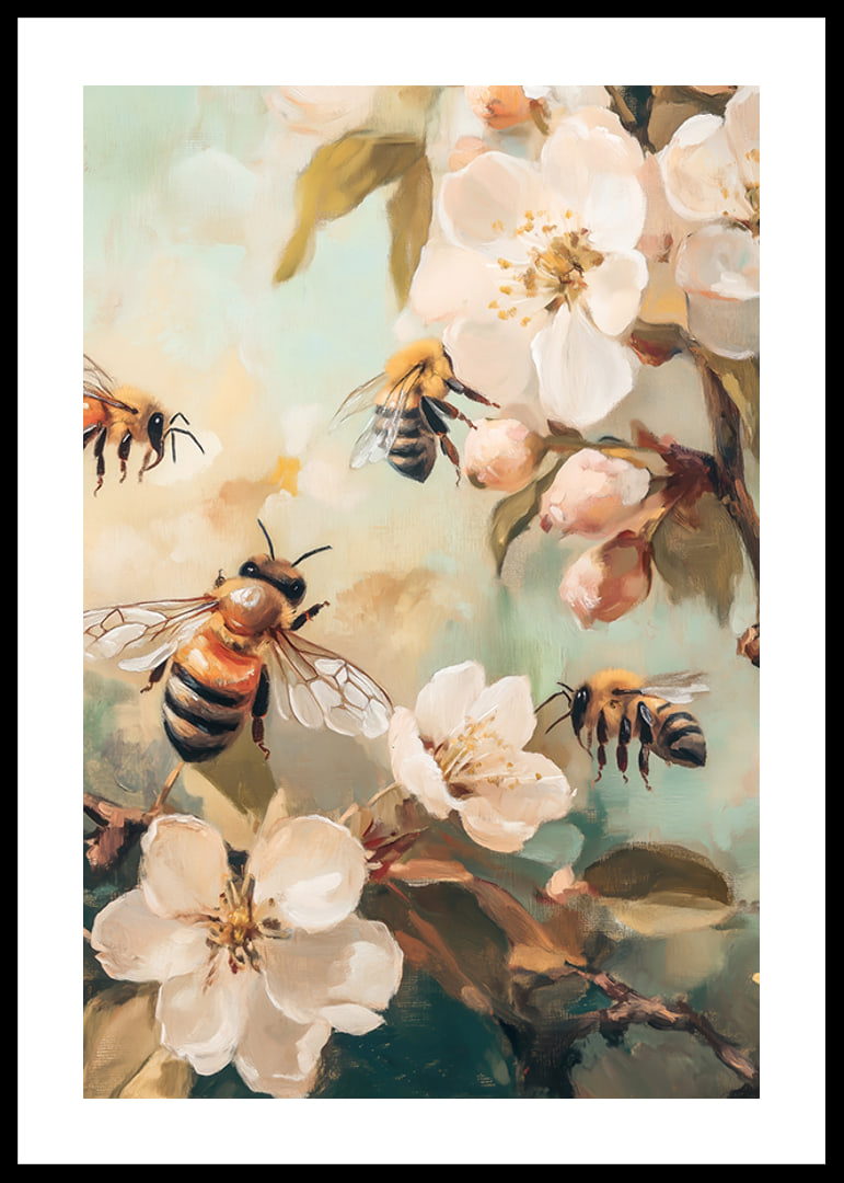 Oil painting of bees around white flowering apple branches-12