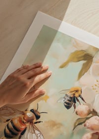 Oil painting of bees around white flowering apple branches-9