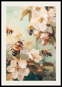 Obraz olejny przedstawiający pszczoły wokół białych, kwitnących gałęzi jabłoni-2