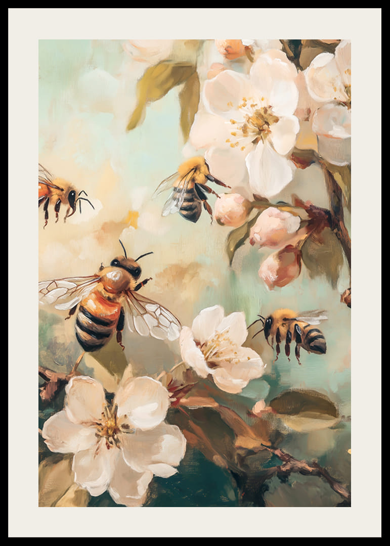 Obraz olejny przedstawiający pszczoły wokół białych, kwitnących gałęzi jabłoni-12