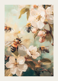 Obraz olejny przedstawiający pszczoły wokół białych, kwitnących gałęzi jabłoni-3