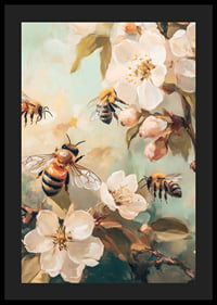 Oil painting of bees around white flowering apple branches-4