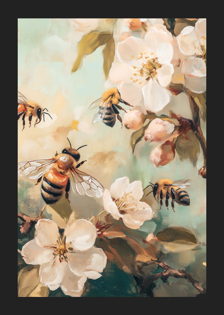 Obraz olejny przedstawiający pszczoły wokół białych, kwitnących gałęzi jabłoni-12