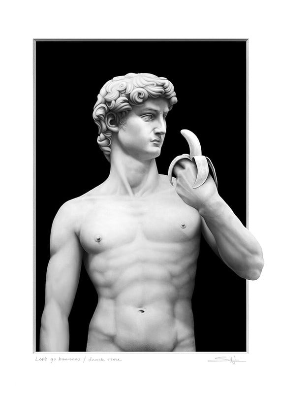 Detaillierte Bleistiftzeichnung der Davidstatue mit Banane, schwarzer Hintergrund-12