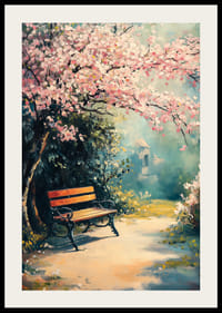 Olejomaľovaná lavička v parku pod kvitnúcimi čerešňami na slnku-2