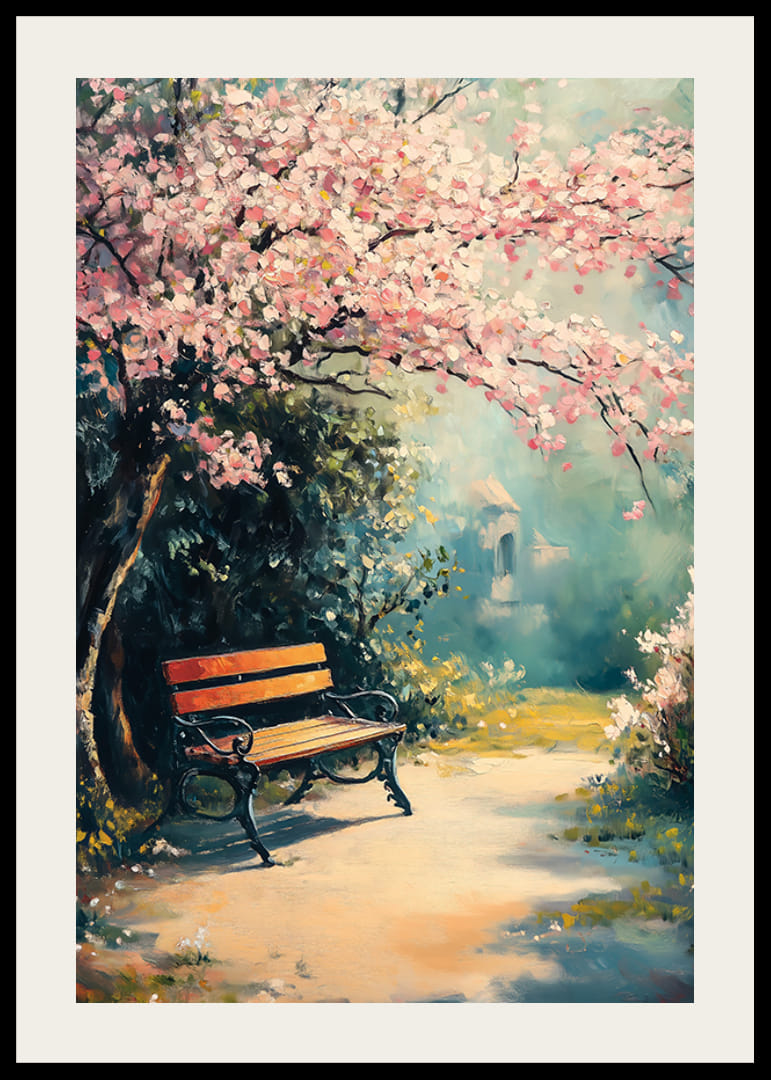 Olejomaľovaná lavička v parku pod kvitnúcimi čerešňami na slnku-12