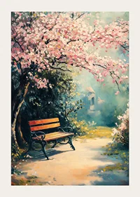 Oljemålad parkbänk under blommande körsbärsträd i sol-3
