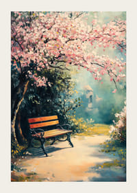 Olejomaľovaná lavička v parku pod kvitnúcimi čerešňami na slnku-3