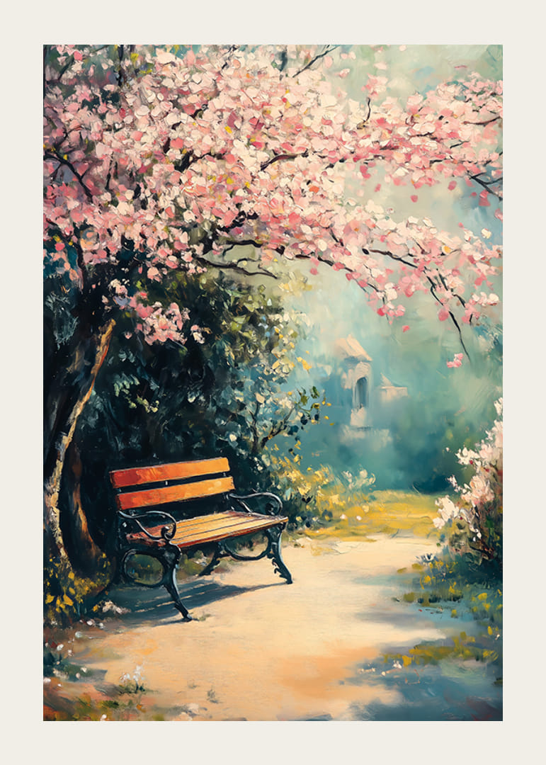 Olejomaľovaná lavička v parku pod kvitnúcimi čerešňami na slnku-12