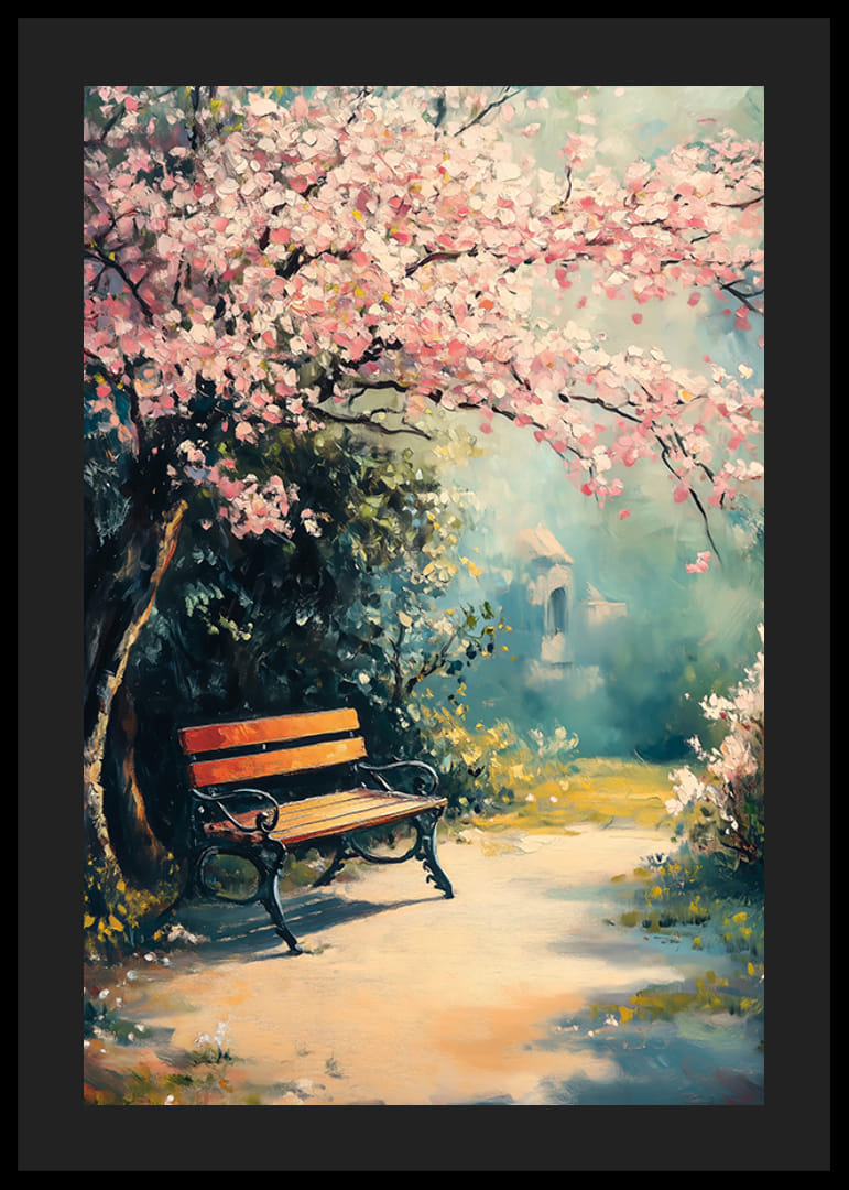 Olejomaľovaná lavička v parku pod kvitnúcimi čerešňami na slnku-12