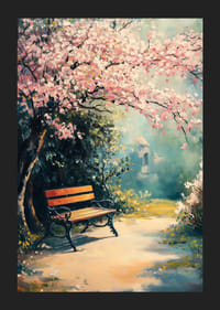 Olejomaľovaná lavička v parku pod kvitnúcimi čerešňami na slnku-5