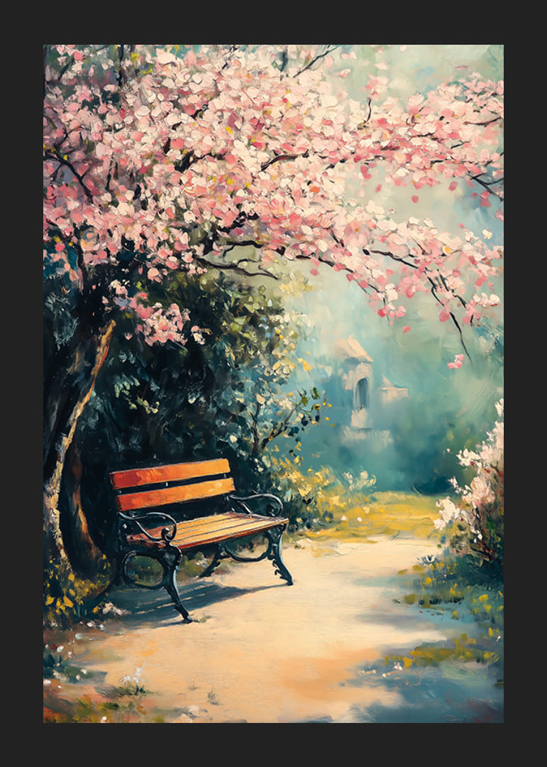 Olejomaľovaná lavička v parku pod kvitnúcimi čerešňami na slnku-12