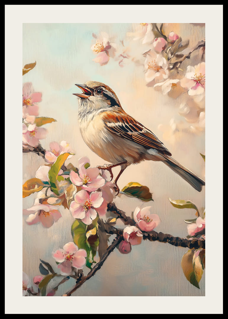 Olajfestmény madár virágzó ágon lágy pasztelltónusokban-12