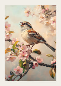 Olajfestmény madár virágzó ágon lágy pasztelltónusokban-3