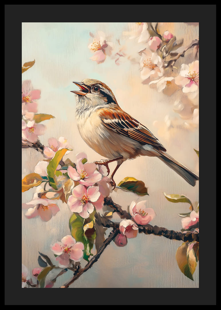 Olajfestmény madár virágzó ágon lágy pasztelltónusokban-12