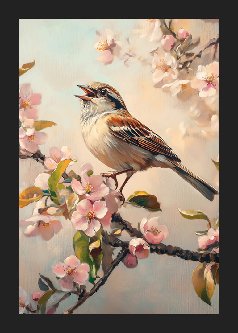 Olajfestmény madár virágzó ágon lágy pasztelltónusokban-12