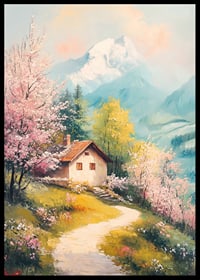 Oil painted landscape with cottage, flowering trees and mountains-6