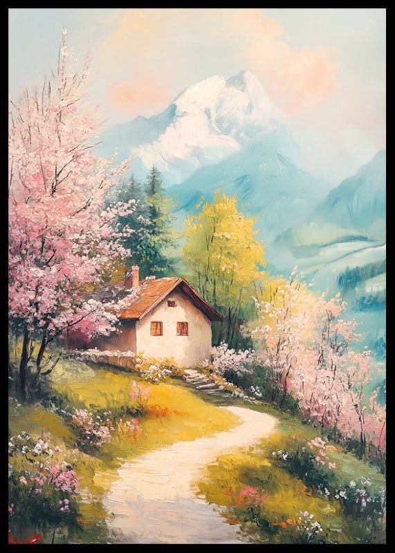 Oil painted landscape with cottage, flowering trees and mountains-12