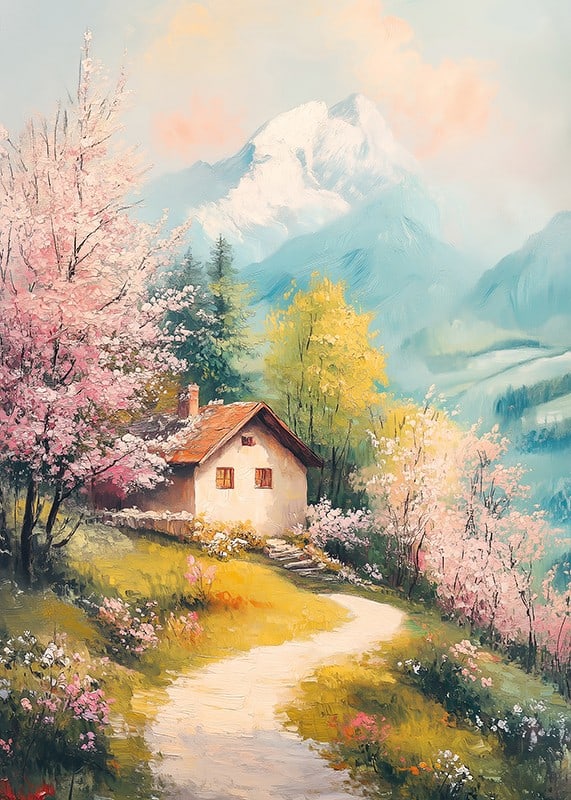 Oil painted landscape with cottage, flowering trees and mountains-12