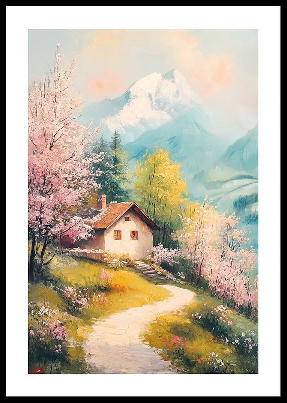 Een poster met een huisje omgeven door bloeiende bomen en bergen in de schoonheid van de lente-12