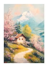 Oil painted landscape with cottage, flowering trees and mountains-1