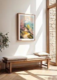 Oil painted landscape with cottage, flowering trees and mountains-8