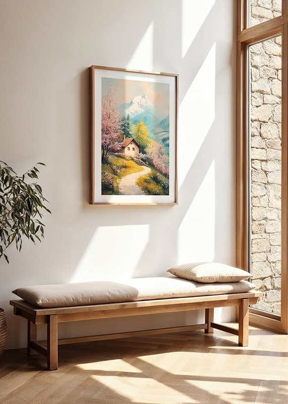 Oil painted landscape with cottage, flowering trees and mountains-12