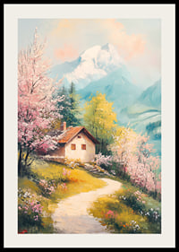 Oil painted landscape with cottage, flowering trees and mountains-2