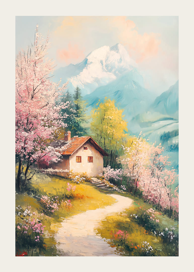 Olajfestmény tájkép házikóval, virágzó fákkal és hegyekkel-12