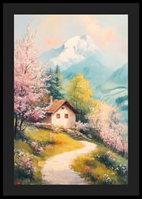 Oil painted landscape with cottage, flowering trees and mountains-4