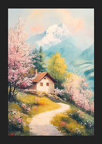 Oil painted landscape with cottage, flowering trees and mountains-5