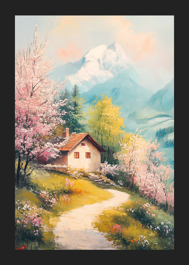 Oil painted landscape with cottage, flowering trees and mountains-12