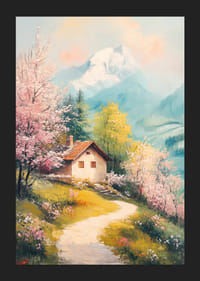 Olajfestmény tájkép házikóval, virágzó fákkal és hegyekkel-5