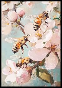 En plakat, der fanger forårets magi med flittige bier blandt blomstrende kirsebærblomster -2