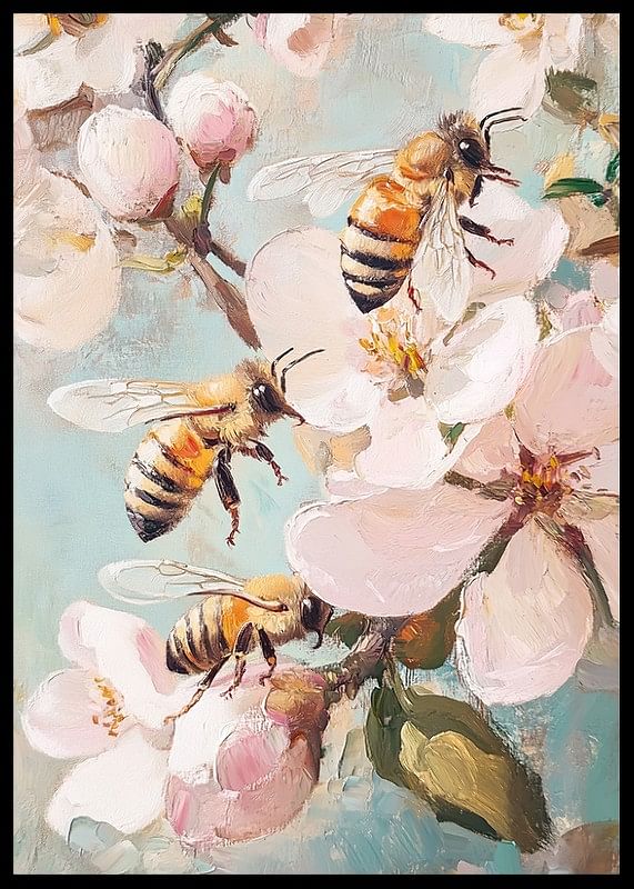 En plakat, der fanger forårets magi med flittige bier blandt blomstrende kirsebærblomster -12