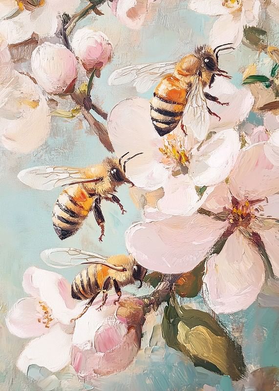 En plakat, der fanger forårets magi med flittige bier blandt blomstrende kirsebærblomster -12