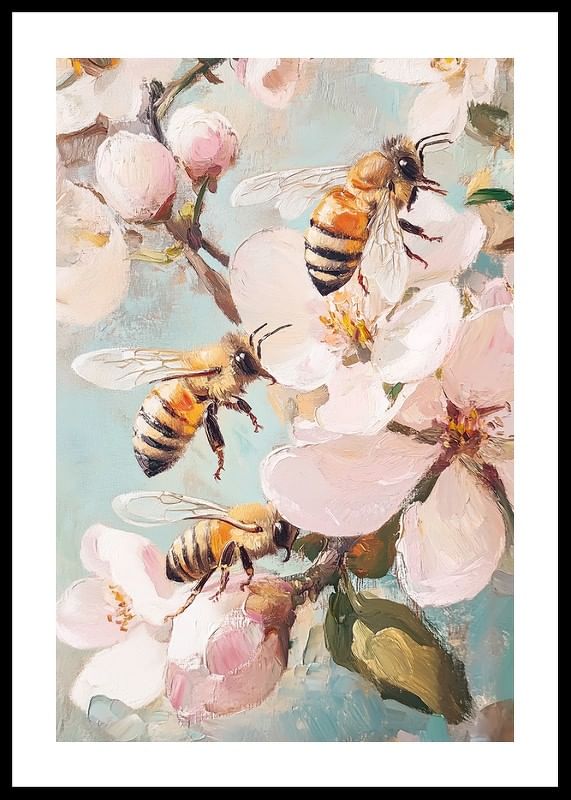 En plakat, der fanger forårets magi med flittige bier blandt blomstrende kirsebærblomster -12