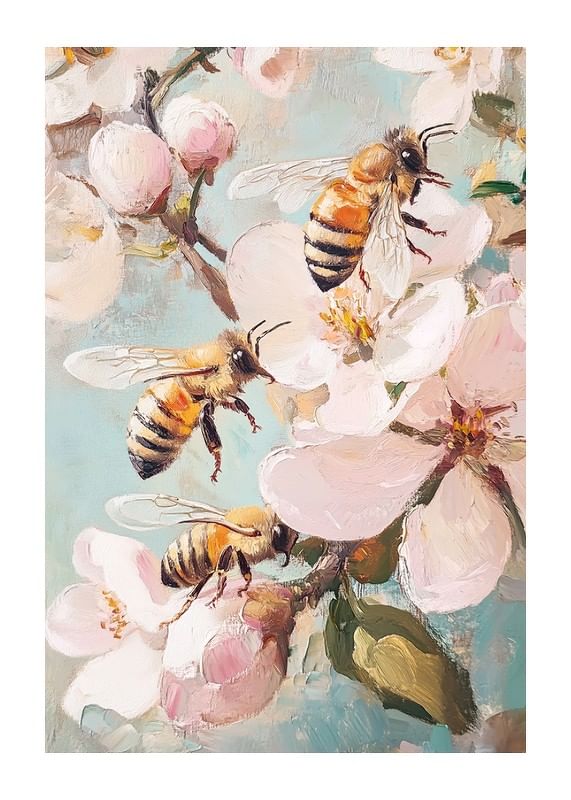 En plakat, der fanger forårets magi med flittige bier blandt blomstrende kirsebærblomster -12