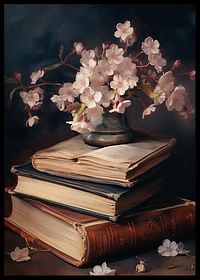Une affiche avec des fleurs roses au-dessus des connaissances sous forme de livres-2