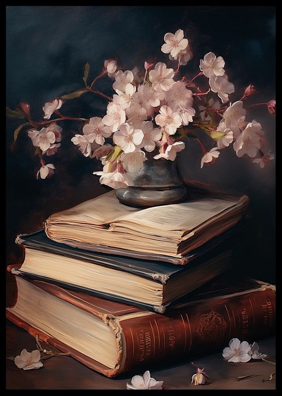 Une affiche avec des fleurs roses au-dessus des connaissances sous forme de livres-12