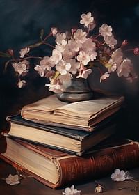 Une affiche avec des fleurs roses au-dessus des connaissances sous forme de livres-3