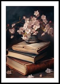 Une affiche avec des fleurs roses au-dessus des connaissances sous forme de livres-0