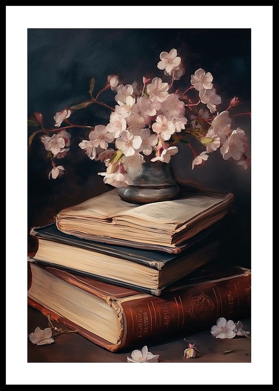 Une affiche avec des fleurs roses au-dessus des connaissances sous forme de livres-12