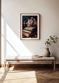 Une affiche avec des fleurs roses au-dessus des connaissances sous forme de livres-4