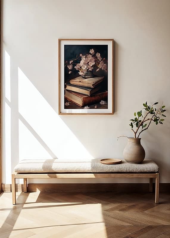 Une affiche avec des fleurs roses au-dessus des connaissances sous forme de livres-12