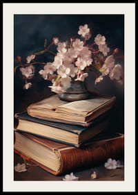 Olajfestményű cseresznyevirág-csokor vázában régi könyveken-2