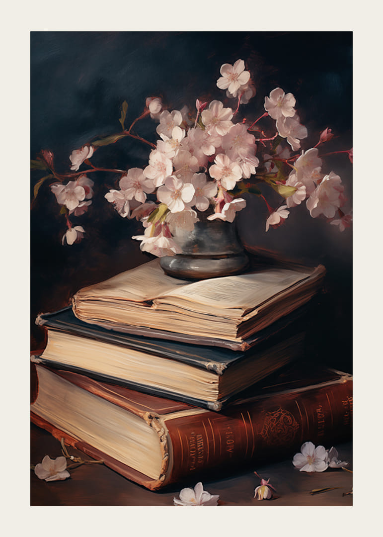 Olajfestményű cseresznyevirág-csokor vázában régi könyveken-12