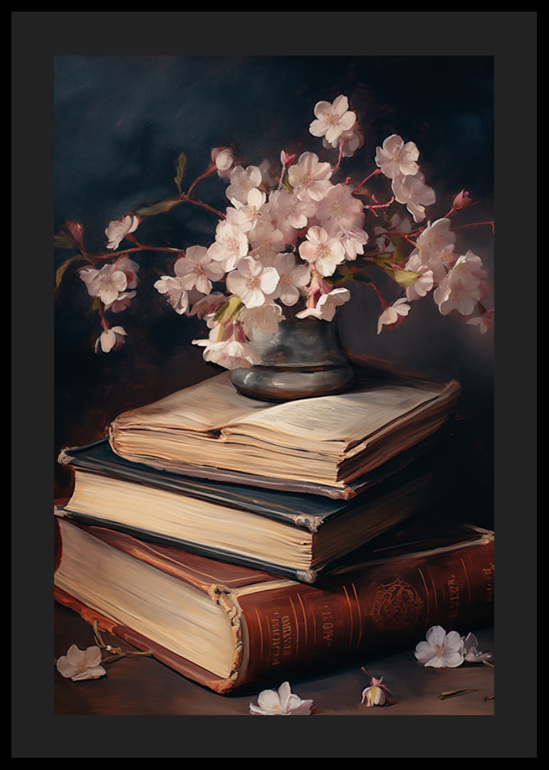 Olajfestményű cseresznyevirág-csokor vázában régi könyveken-12